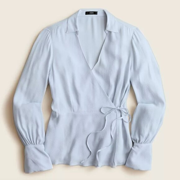 J Crew Drapey Crepe Faux Wrap Top 14 Collar Long Sleeve Blouse Light Pale Blue - Picture 1 of 8